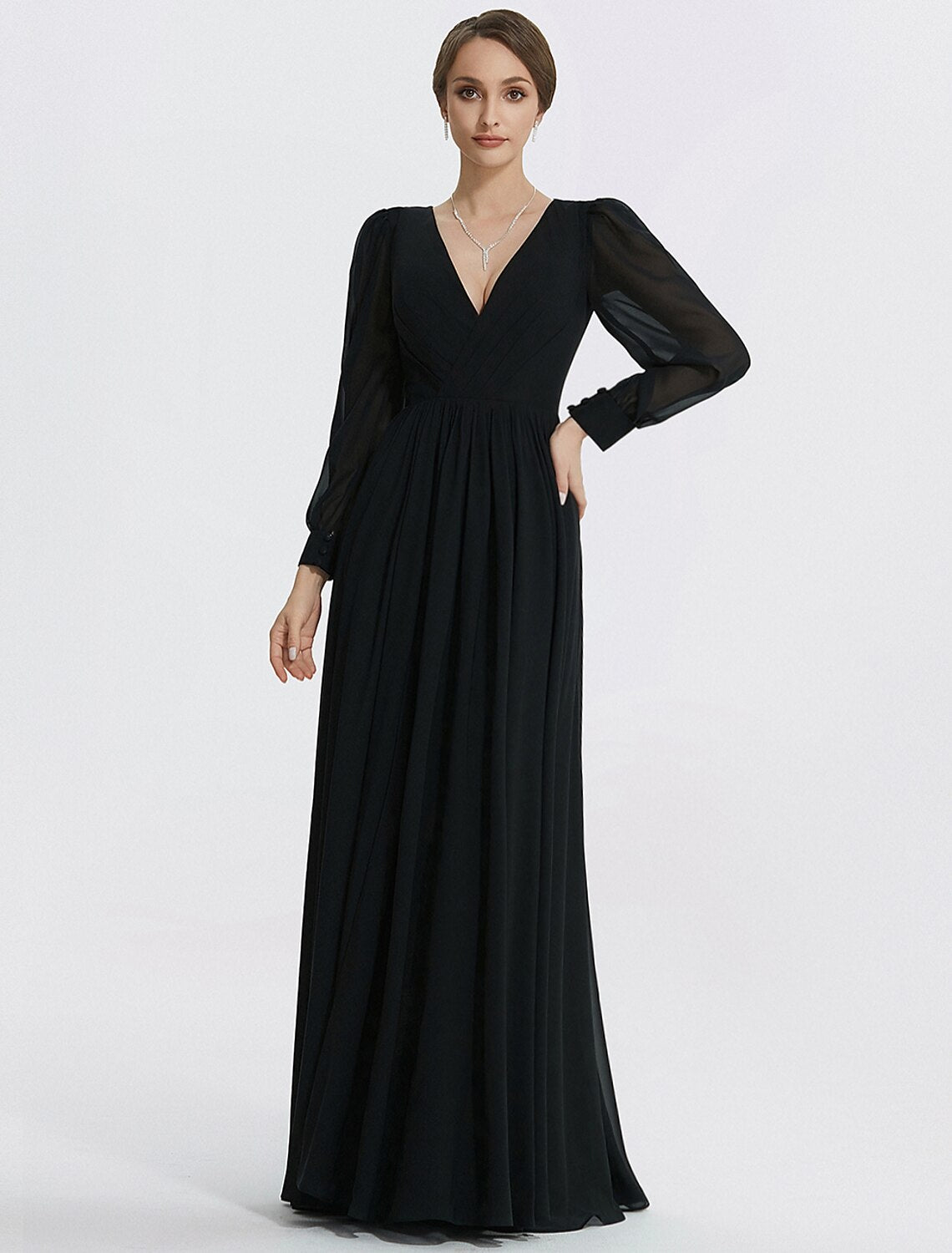A-Linie Abendkleid Elegantes Kleid Formal Bodenlang Langarm V-Ausschnitt Chiffon mit Schlitz